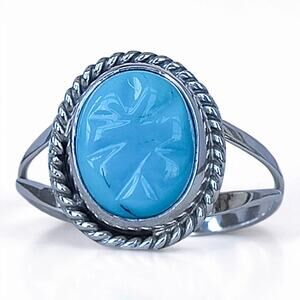 Vintage Sterling Silver 925 Carved Blue Cabochon Ring Size 7 2.7g Gemstone